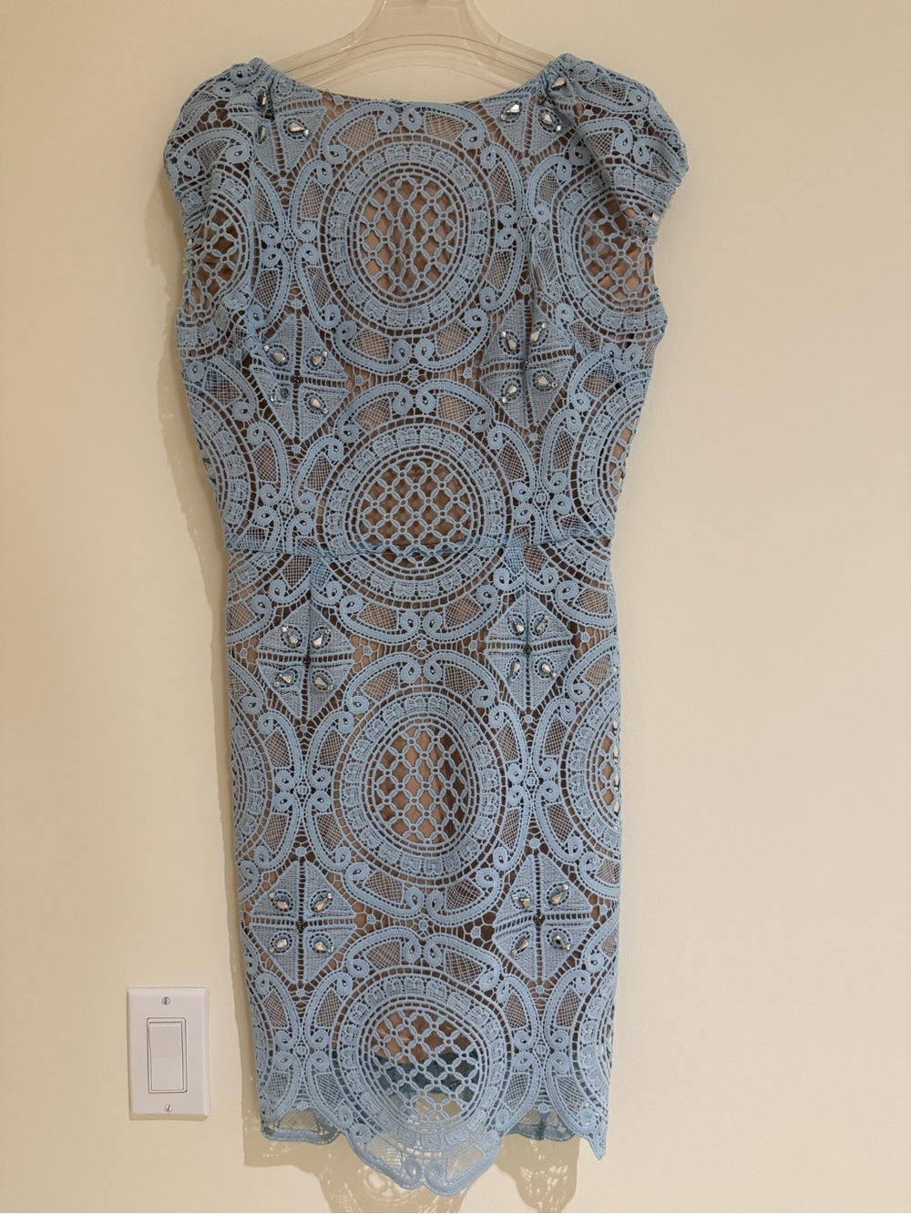 NEW-Sky Blue Lace Sheath Dress with Geometric Medallion Pattern, Size S